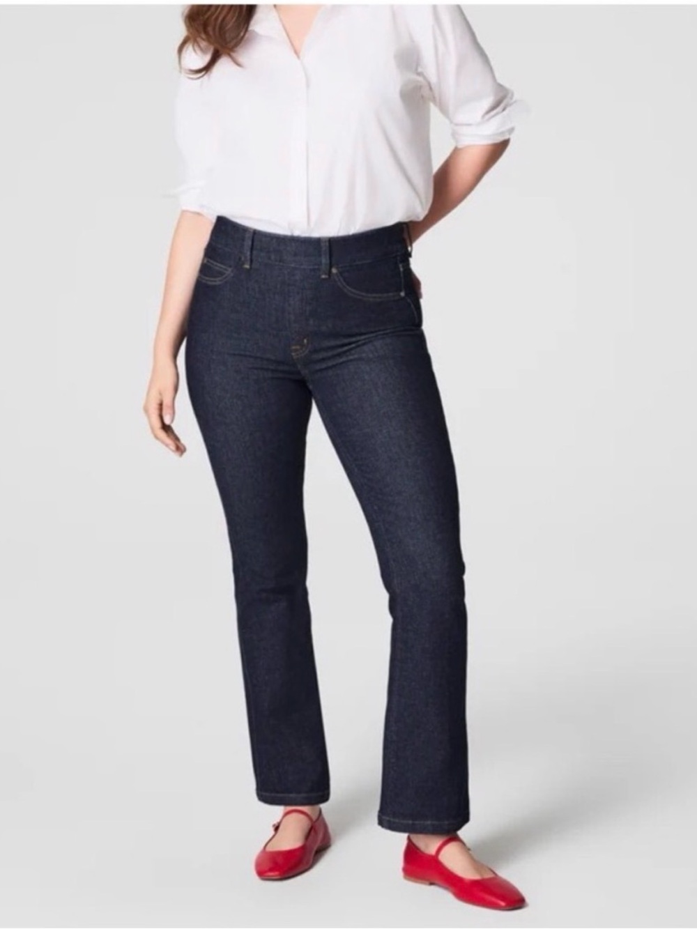 NWT SPANXshape® EveryWear Pull-On Kick Flare Jeans in Raw Indigo.